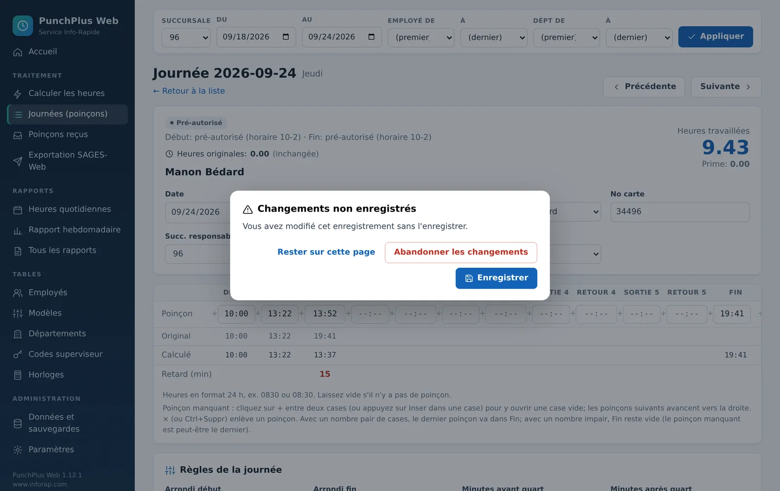 La fenêtre Changements non enregistrés